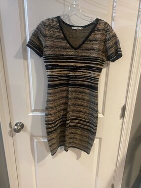 Sioni Black and Tan Striped V-Neck Mini Dress